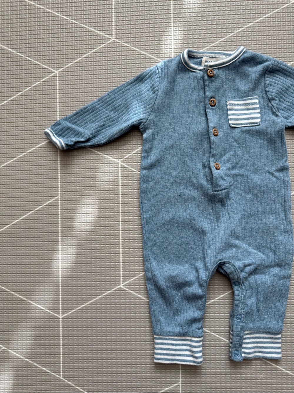 Rabbit + Bear|Baby boy Blue Knit ribbed One-Piece jumpsuit with striped trim•••
